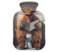 Bouillotte humoristique en forme de vache des Highlands avec housse en velours pour chauffe-pieds, soulagement de la douleur, taille M