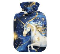 Bouillotte licorne bleue et dorée avec housse souple, compresses chaudes de 2 L pour le corps pour crampes menstruelles, crampes menstruelles