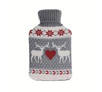 Bouillotte Mimo de 1,7 l, avec doublure grise et rouge de rennes. Dimensions : 20 x 32 x 4 cm. Souple, douce au toucher, idéale pour se détendre et affronter le froid.