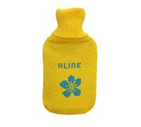 Bouillotte personnalisée 100 % laine mérinos tricotée en caoutchouc (jaune/bleu turquoise avec fleur)