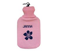 Bouillotte personnalisée 100 % laine mérinos tricotée en caoutchouc (rose/bleu avec fleur)