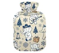 Bouillotte rétro avec housse souple, 2 L pour soulager les douleurs au cou et aux épaules - Motif éléphant - Bleu et beige