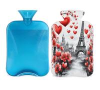 Bouillotte rouge avec housse Motif cœur Paris Tour Eiffel 2 L pour soulager la douleur, le cou et les épaules, chauffe-mains et pieds