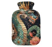 Bouillotte vintage motif dragon vert avec housse souple pour soulager les crampes menstruelles et la douleur, taille S
