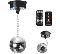 Boule à Facettes 12 cm avec Moteur à Piles, 18 LED, Boule Disco Argentée, Décoration Scintillante pour Soirées, Fêtes, Événements, Facile à Installer et à Suspendre