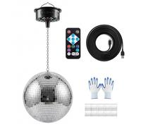 VEVOR Boule à Facettes 300 mm, Boule Disco Argentée avec Moteur, Télécommande et LED RGB, 6 Vitesses 0/3/6/9/12/15 tr/min, 3 Couleurs Mixtes, pour Mariage, Anniversaire, Fête, DJ, Club, Danse et Scène