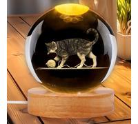 Boule à neige chat 3D 8cm en cristal avec base en bois et lumière LED chaude veilleuse chat douce et apaisante lampe chat design idéale comme cadeau d’anniversaire Noël ou Saint-Valentin pour amoureux