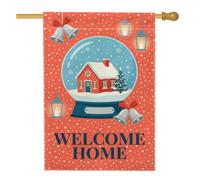 Boule à neige hivernale Welcome Home Noël 71 x 101 cm | Illustration de cabine d'hiver, drapeau de cour, cloches suspendues, lanternes décoratives, salutations saisonnières