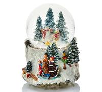 Boule à neige musicale Premier - Avec inscription « We Wish You a Merry Christmas » - 16 cm de haut - Bonhomme de neige avec enfant sur traîneau