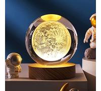 Boule de cristal 3D planète, boule de cristal lune avec base en bois, veilleuse LED en cristal 3D, boule de cristal galaxie spatiale, boule de cristal gravée 3D avec base lumineuse LED, décoration de