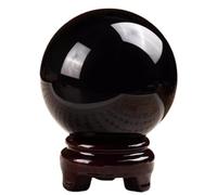Boule de cristal d'obsidienne noire polie, sphère de quartz avec support en bois, décoration Feng Shui pour la maison et le bureau, 50 mm