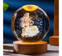 Boule de cristal en forme de constellation laser 3D - 60 mm - 80 mm - Verre Feng Shui avec base USB - 12 signes du zodiaque - Décoration d'intérieur (6 cm, Vierge)