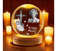 Boule de Cristal Mémorial Personnalisée, Veilleuse à Photo Personnalisée Globe Mémoire Lampe Gravée au Laser Souvenir avec Base en Bois pour Perte d'un Être Cher, Animal de Compagnie, Maman, Papa (B)