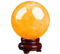 Boule de Cristal Naturel Sphère de Calcite Jaune Sphère Décorative en Boule de Pierres Précieuses Polies avec Support en Bois Figurine de Sculpture en Boule de Cristaux de Guérison,3.1in(8cm)