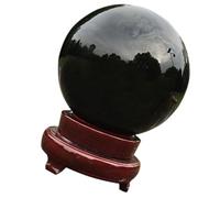 Boule de Cristal Noir Socle en Bois pour Bureau et Contemplation | Sphère Lisse Décorative, Support Stable Anti-basculement, Objet Moderne pour Table, Étagère, Rebord de Couleur Aléatoire