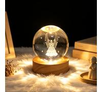 Boule de Cristal Veilleuse 3D,6 cm Lampe Boule Cristal Lumineuse de Ange | Lampe Boule Decorative en Verre vec LED Base en Bois,Décoration de Chambre,Cadeau d'Anniversaire