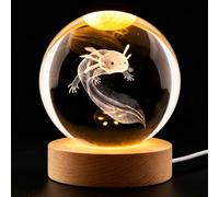 Boule de Cristal Veilleuse 3D,6 cm Lampe Boule Cristal Lumineuse de Axolotl | Lampe Boule Decorative en Verre vec LED Base en Bois,Décoration de Chambre,Cadeau d'Anniversaire