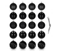 Boule de Noel 20 pièces Ø 6 cm Couleur Noire - Plastique Aspect Verre Brillant incassable, Finitions Shiny et Glitter Mat, Attaches incluses, Boule Sapin de Noel, Ornements pour intérieur et vitrines