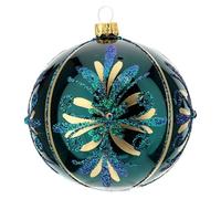 Boule de Noël Bleu Paon Motif Floral Verre soufflé 100 mm