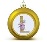 Boule de Noël dorée avec lettre L florale violette en bois - Décoration de Noël pour sapin de Noël, Nouvel An, vacances saisonnières, cadeaux de Noël pour la famille