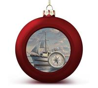 Boule de Noël en forme de bateau et boussole - Boules de Noël incassables à suspendre pour décoration de sapin de Noël - Boules rouges pour les vacances, les fêtes de mariage
