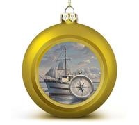 Boule de Noël en forme de bateau et boussole - Boules de Noël incassables à suspendre pour décoration de sapin de Noël, boules dorées pour fêtes de mariage et fêtes de mariage