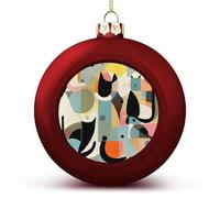 Boule de Noël en forme de chat d'art moderne du milieu du siècle - 7,6 cm - Incassable - Pendentif rond rustique pour fête de mariage - Décoration de Noël à suspendre - Rouge