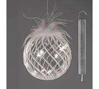 Boule de Noël LED avec minuterie - 12 cm - Décoration à suspendre - En verre - Plumes blanches et lumière - Fonctionne avec piles - Élégante boule LED comme éclairage festif et décoration lumineuse