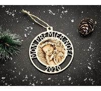 Boule de Noël Personnalisable avec Photo gravée sur Bois, Premier Noël, étui Cadeau en Option