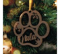 Boule de Noël Personnalisable en Bois - Déco de Noël Découpée Laser avec Prénom Personnalisé (Modèle Patte Chien, Noyer)