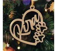 Boule de Noël Personnalisée avec Prénom - Décoration Sapin de Noel en Forme de Cœur avec Pattes d'animaux - Ornement de Sapin en Bois (Modèle Coeur & Pattes, Chêne)