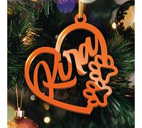 Boule de Noël Personnalisée avec Prénom - Décoration Sapin de Noel en Forme de Cœur avec Pattes d'animaux - Ornement de Sapin Glossy (Modèle Coeur & Pattes, Gloss Orange)