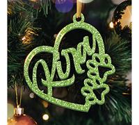 Boule de Noël Personnalisée avec Prénom - Décoration Sapin de Noel en Forme de Cœur avec Pattes d'animaux - Ornement de Sapin Pailleté (Modèle Coeur & Pattes, Glitter Vert)