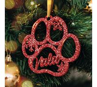 Boule de Noël Personnalisée avec Prénom - Décoration Sapin de Noel en Forme De Patte de Chien- Ornement de Sapin Pailleté (Modèle Patte Chien, Glitter Rouge Bordeaux)