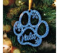 Boule de Noël Personnalisée avec Prénom - Décoration Sapin de Noel en Forme De Patte de Chien- Ornement de Sapin Pailleté (Modèle Patte Chien, Glitter Bleu)