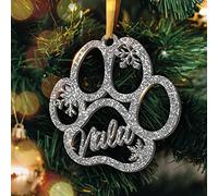 Boule de Noël Personnalisée avec Prénom - Décoration Sapin de Noel en Forme De Patte de Chien- Ornement de Sapin Pailleté (Modèle Patte Chien, Glitter Argent)