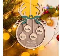 Boule de Noel Personnalisée avec Prénoms Textes Boule de Noël Personnalisable en Bois pour Sapin Cadeau Personnalisé pour Premier Noel (Feuilles Vertes)