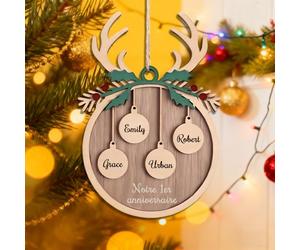 Boule de Noel Personnalisée avec Prénoms Textes Boule de Noël Personnalisable en Bois pour Sapin Cadeau Personnalisé pour Premier Noel (Feuilles Vertes)