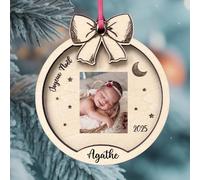 Boule de Noël personnalisée en Bois avec Photo, prénom et année - Ornement Mon Premier Noël personnalisé avec Photo - Décoration Sapin en Bois gravée - Cadeau Naissance, bébé, Famille