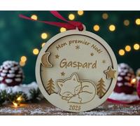 Boule de Noël personnalisée en Bois - “Ma Première Boule de Noël” - Boule Mon Premier Noël - Décoration Noël bébé - Modèle [Hibou/Lapin/Ourson/Marmotte/Renard/Biche] - 7 cm