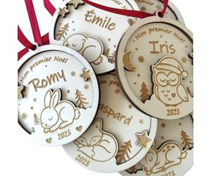 Boule de Noël personnalisée en Bois - “Ma Première Boule de Noël” - Boule Mon Premier Noël - Décoration Noël bébé - Modèle [Hibou/Lapin/Ourson/Marmotte/Renard/Biche] - 7 cm