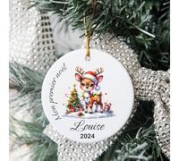 Boule de Noël Personnalisée en Céramique - Mon Premier Noël 2024 avec Prénom - Décoration de Sapin pour Bébé, Souvenir de Naissance, Cadeau Noël Unique (Renne)