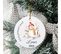 Boule de Noël Personnalisée en Céramique - Mon Premier Noël 2024 avec Prénom - Décoration de Sapin pour Bébé, Souvenir de Naissance, Cadeau Noël Unique (Bonhomme de Neige)
