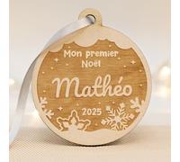 Boule de Noël personnalisée Mon Premier Noël en Famille Décoration en Bois avec prénom pour Sapin, Cadeau de Naissance, Ornement Personnalisable