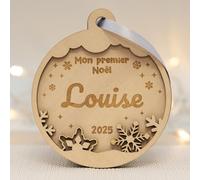 Boule de Noël personnalisée Mon Premier Noël en Famille Décoration gravée en Bois Flocon prénom Enfant Sapin Ornement Personnalisable
