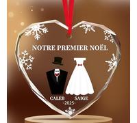 Boule de Noel Personnalisée Mr & Mrs Premier Noël - Cadeau Personnalisé pour Les Nouveaux Mariés ou Engagés avec Prénom et Date, Boule de Noël en Forme de Cœur pour Couples