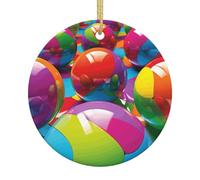 Boule de Noël ronde colorée en céramique - Impression double face - Décoration à suspendre avec ficelle dorée
