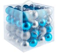 BOULE DE NOEL - TECTAKE - Lot de 64 boules de Noël argentées/bleues Surface mate brillante ou pailletée - Argentées/Bleues