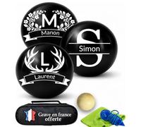 Boule de Pétanque Personnalisée 720g - Triplette avec Accessoires (Cochonnet, Sacoche, Mesureur) - Idée Cadeau pour Fête des Pères et Mères, Retraite, Anniversaire (Argenté, Letters Template-A)