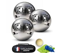 Boule de Pétanque Personnalisée 720g Triplette avec Cochonnet Petanque, Sacoche Boule Petanque, Chiffon de nettoyage - Cadeau St Valentin, Fête des Pères, Anniversaire (Modèle Couronne de Fleurs)